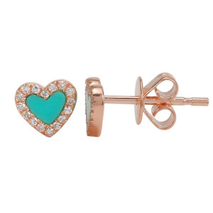 14KT Gold Diamond Mini Turquoise Heart Stud Earrings