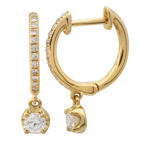 14KT Gold Diamond Mini Huggies With Diamond Drop Earrings