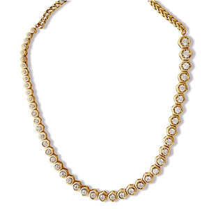 14KT Gold Hexagon Bezel Set Asymmetrical Tennis Necklace