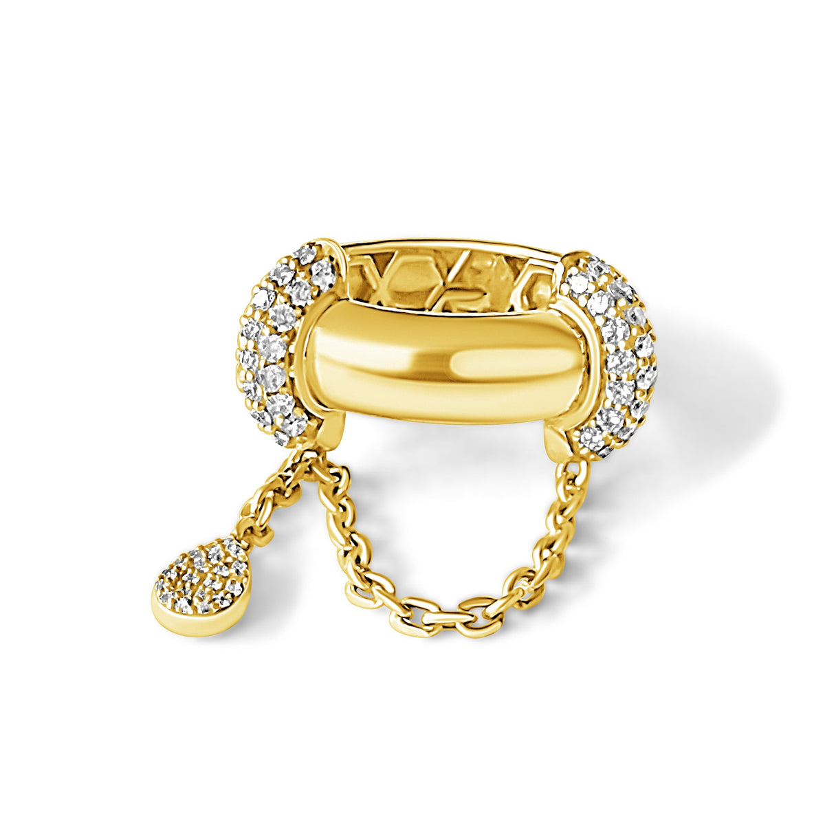 14KT Gold Diamond Dangling Chain Drop Pinky Ring
