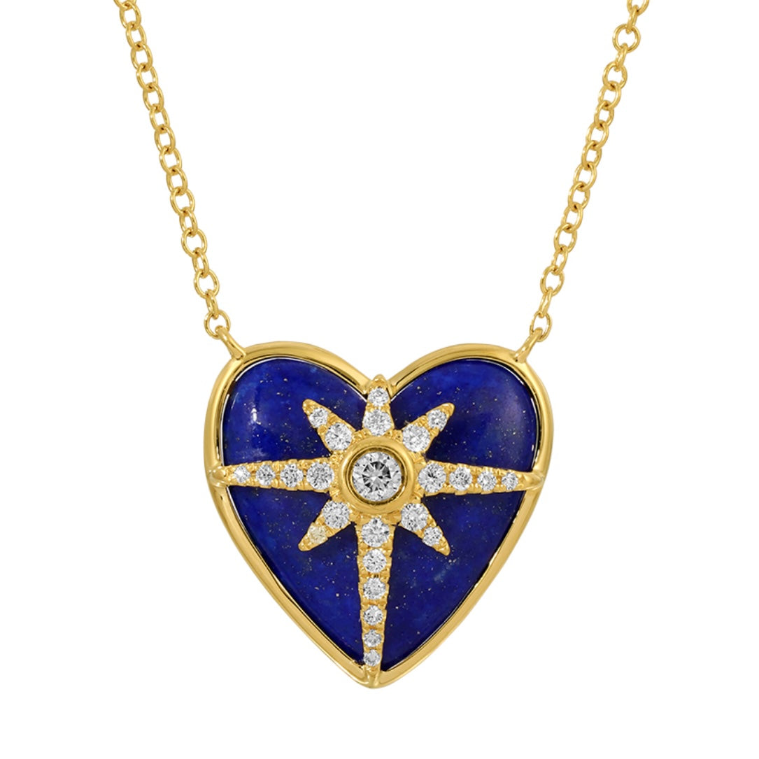 14KT Gold Diamond Lapis Heart Necklace