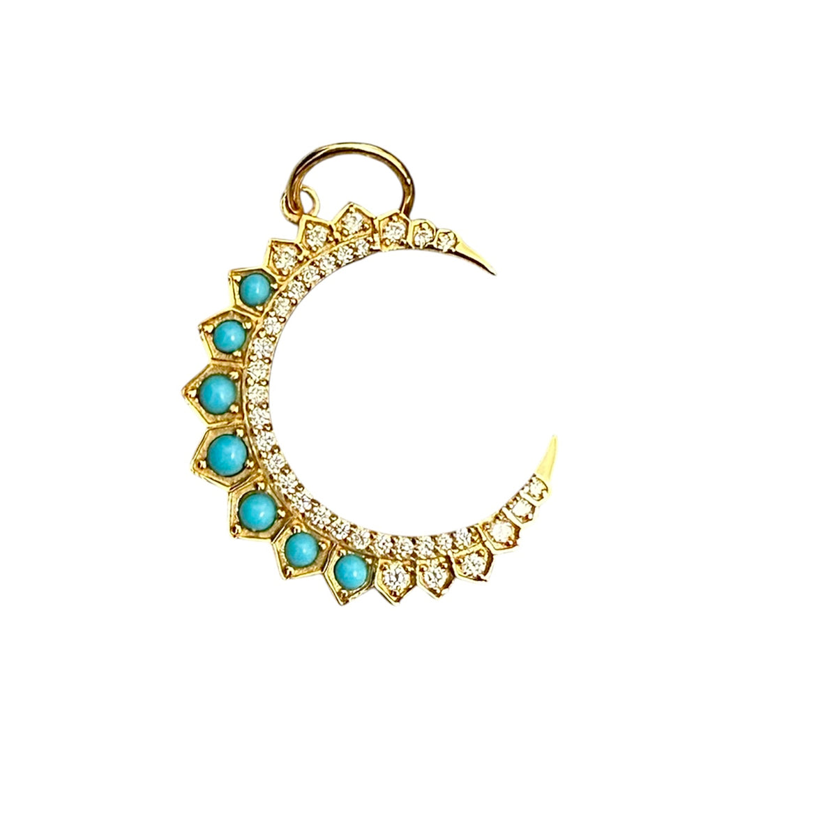 14KT Gold Diamond Turquoise / Emerald Crescent Moon Pendant Charm