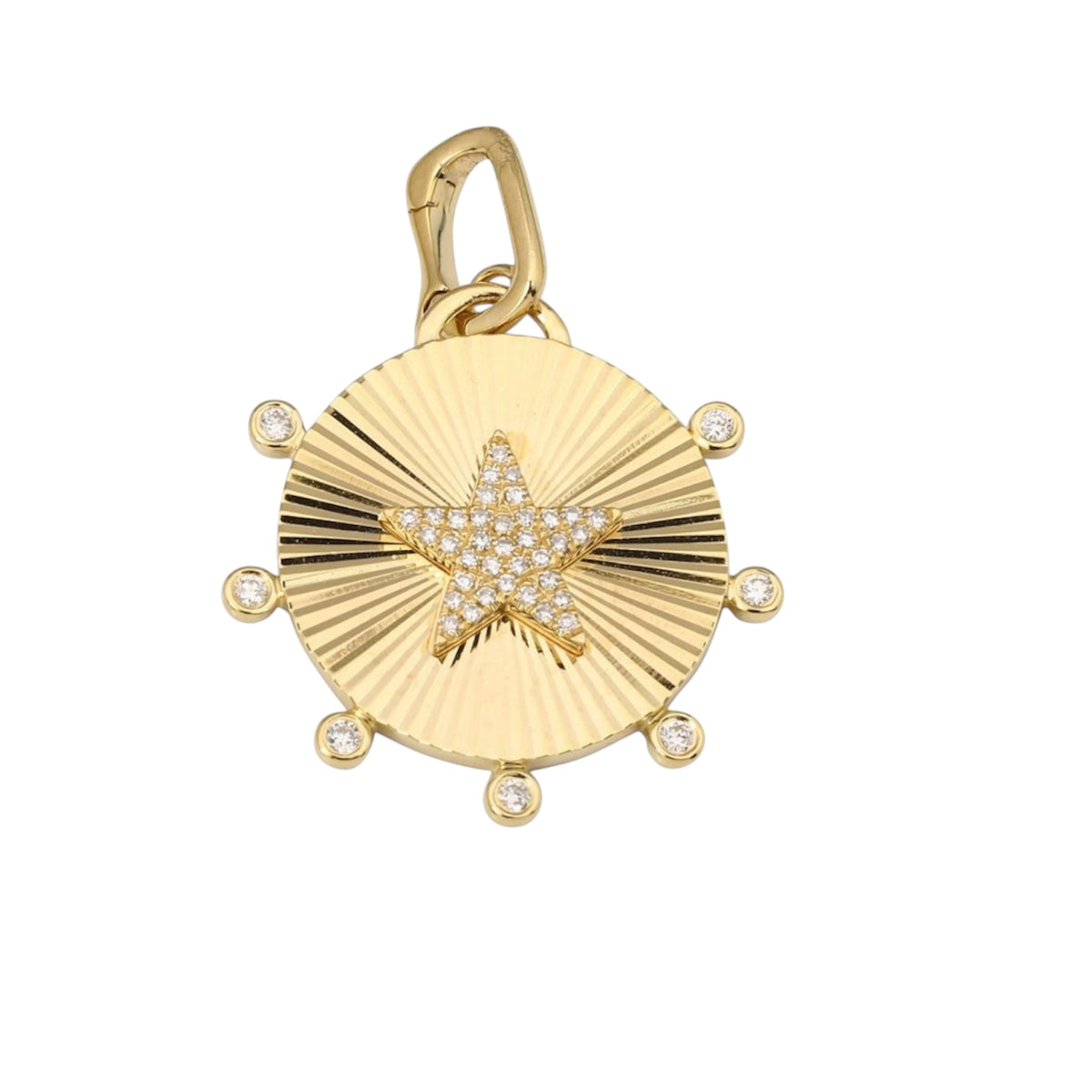 14KT Gold Diamond Fluted Disk Star Pendant Charm