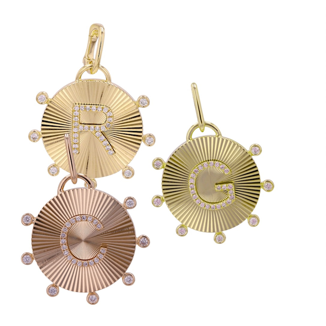 14KT Gold Diamond Fluted Disk Initial Pendant Charm