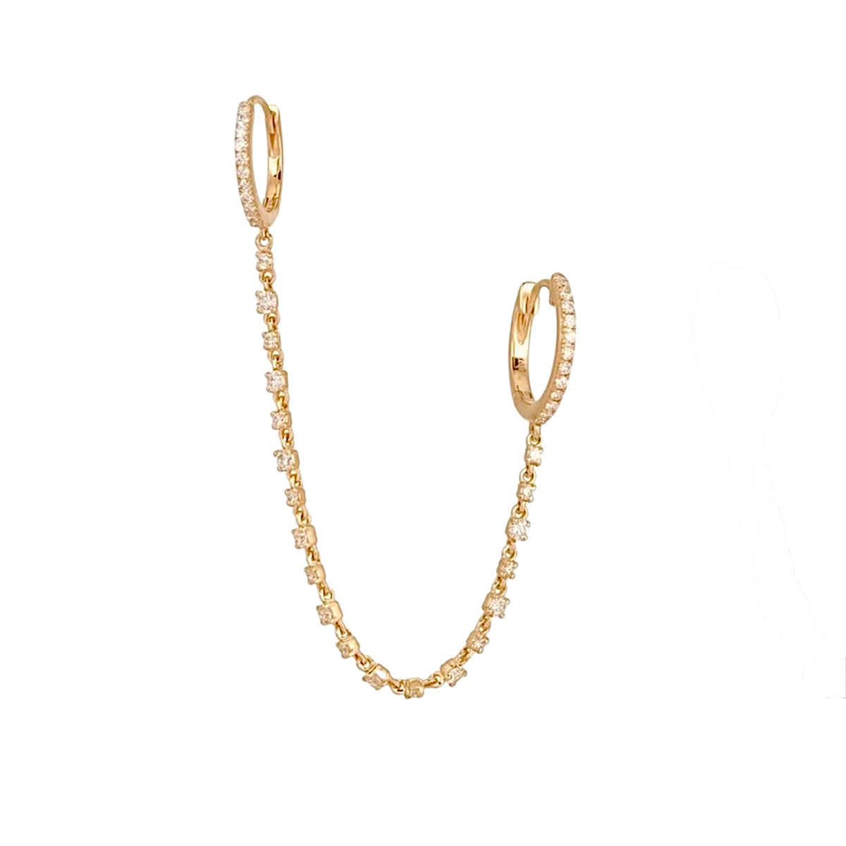 14KT Gold Diamond Double Huggie Earrings on Diamond Chain