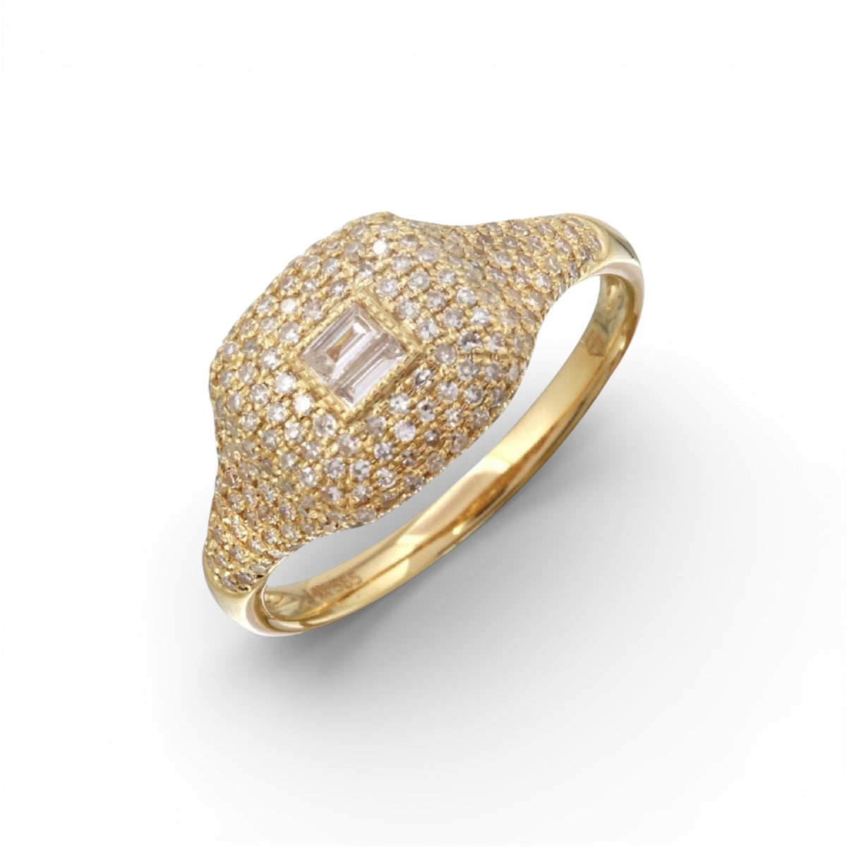 14KT Gold Pave and Baguette Diamond Cushion Pinky Ring