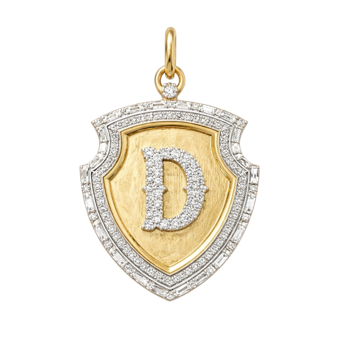 14KT Gold Pave and Baguette Diamond Bespoke Initial Shield Pendant Charm