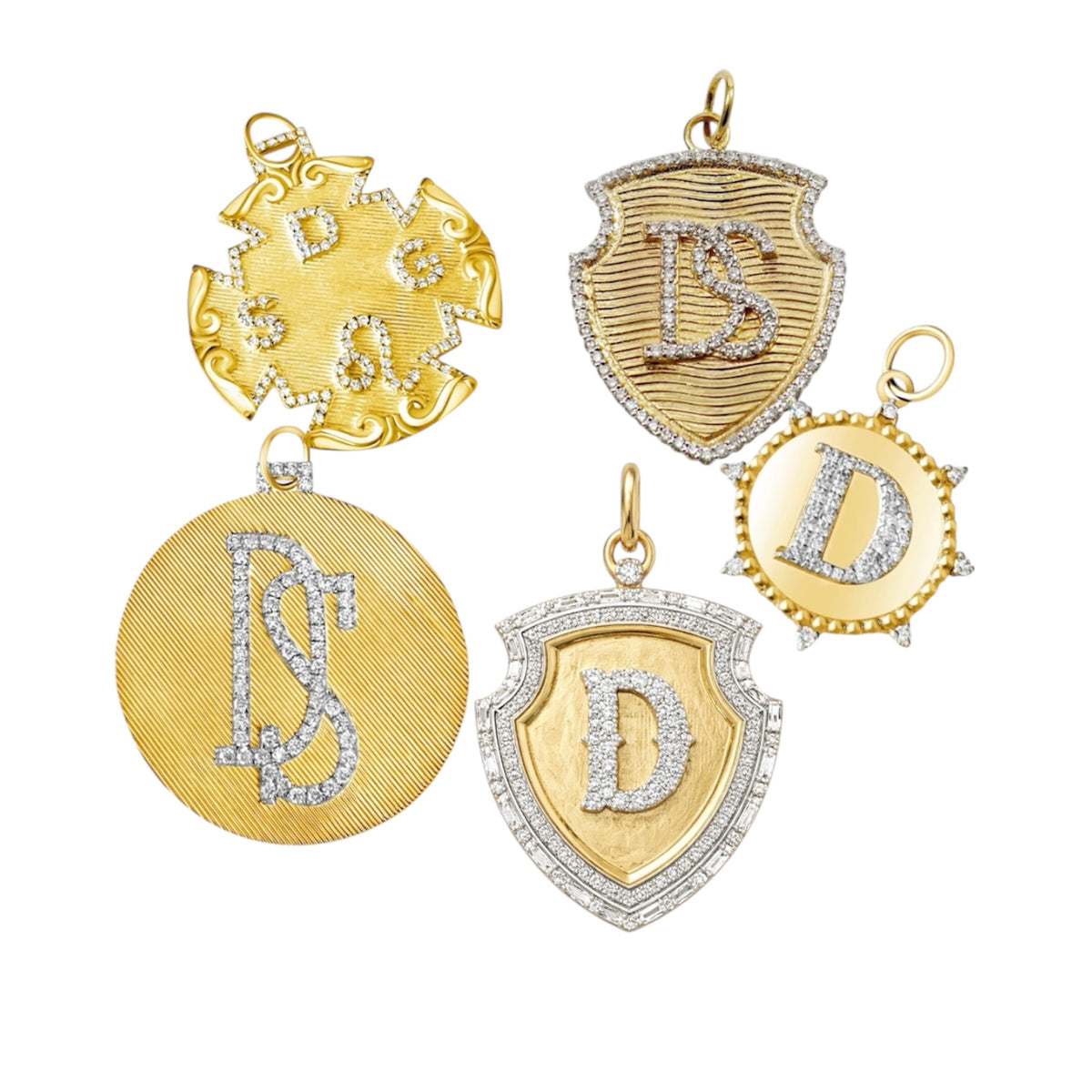 14KT Gold Diamond Bespoke Large Initial Shield Pendant Charm