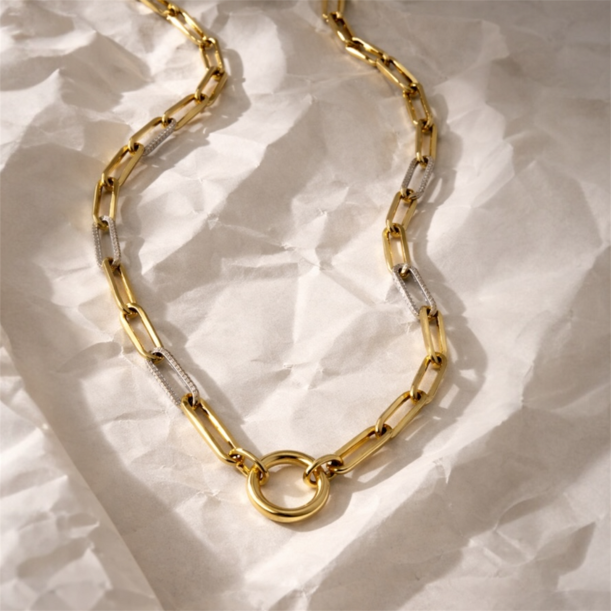 14KT Gold Luxe Paperclip Charm Chain Necklace with Diamond Links