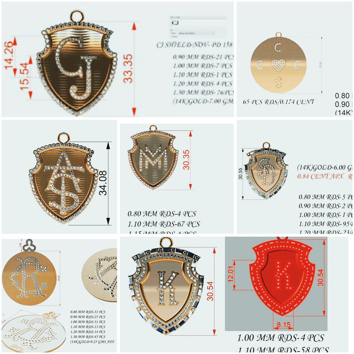 14KT Gold Diamond Bespoke Large Initial Shield Pendant Charm