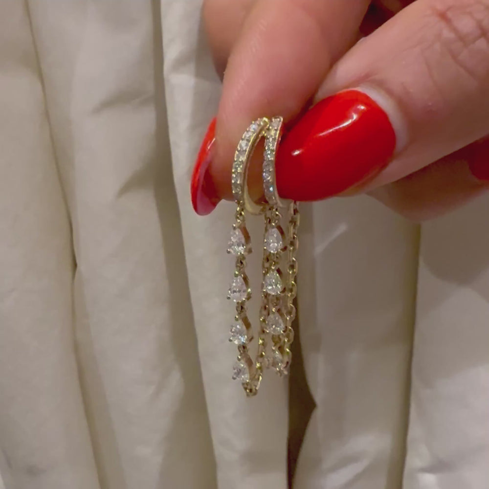 14KT Gold Pear Cut Diamonds on Chain Goddess  Huggie Earring