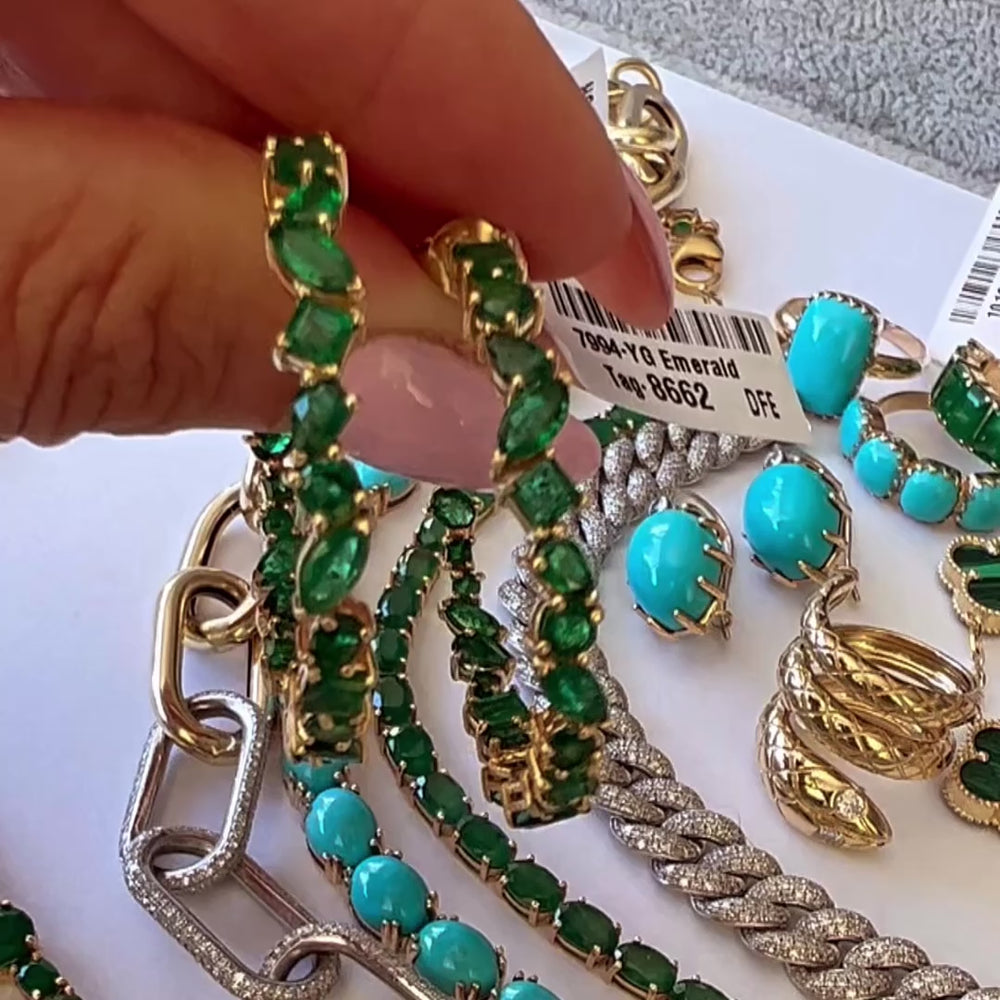 
                
                    Load and play video in Gallery viewer, 14KT Gold Multiple Shape Emerald Magnificent Hoop Earrings
                
            
