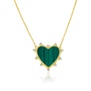 14KT Gold Diamond Eve Malachite Medium Heart Necklace