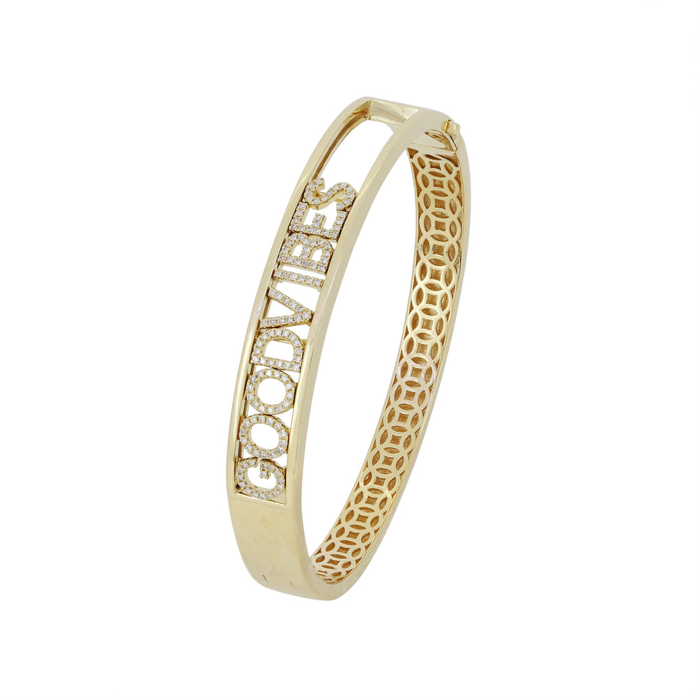 14KT Gold Diamond GOOD VIBES Bangle Bracelet - DilaraSaatci