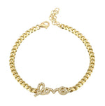 14KT Gold Diamond Love on Cuban Chain Bracelet