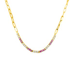 14KT Gold Diamond Pink Sapphire on Paperclip Chain Necklace