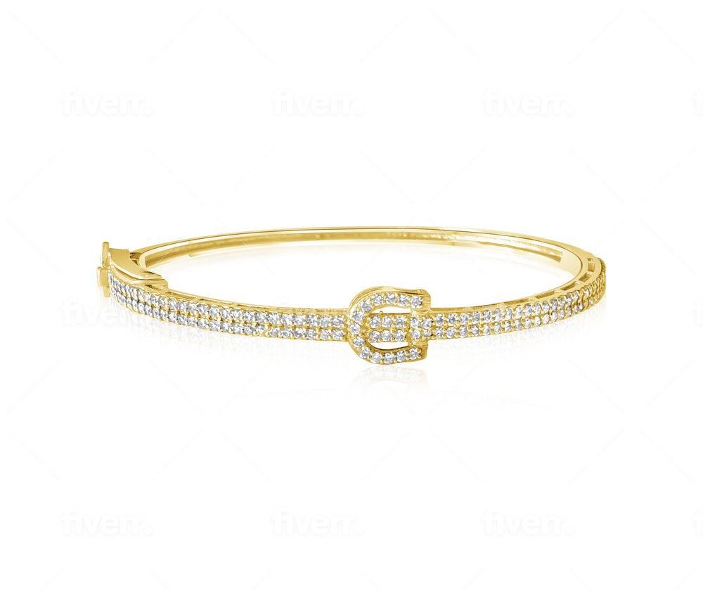 
                
                    Load image into Gallery viewer, 14KT Gold Diamond Buckle Bangle Bracelet
                
            
