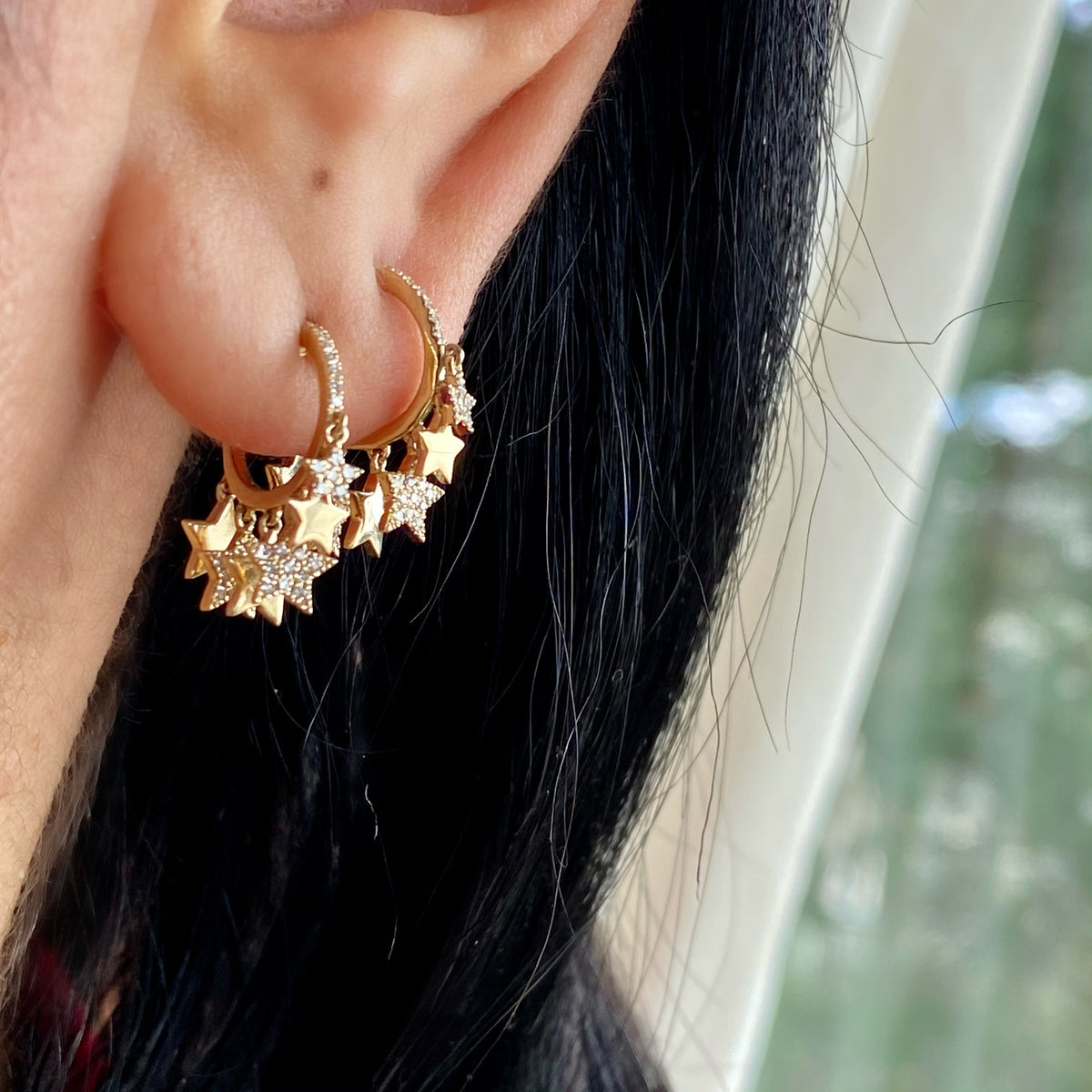14KT Gold Diamond Multiple Star Huggie Earrings