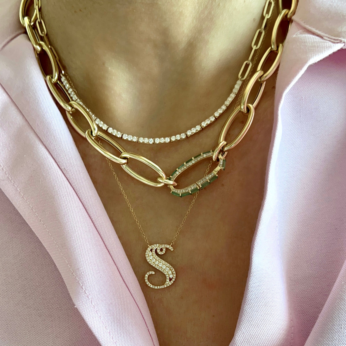 14KT Gold Leila Jumbo Oval Link Chain with Emerald and Diamond Necklace