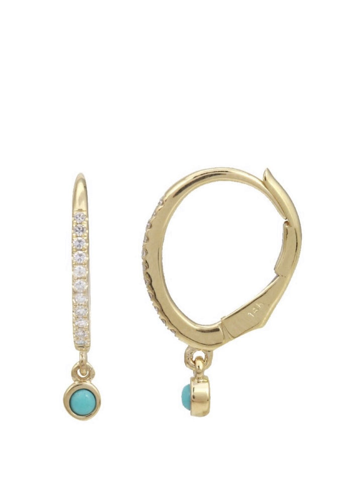 14KT Gold Diamond Turquoise Drop Huggie Earrings