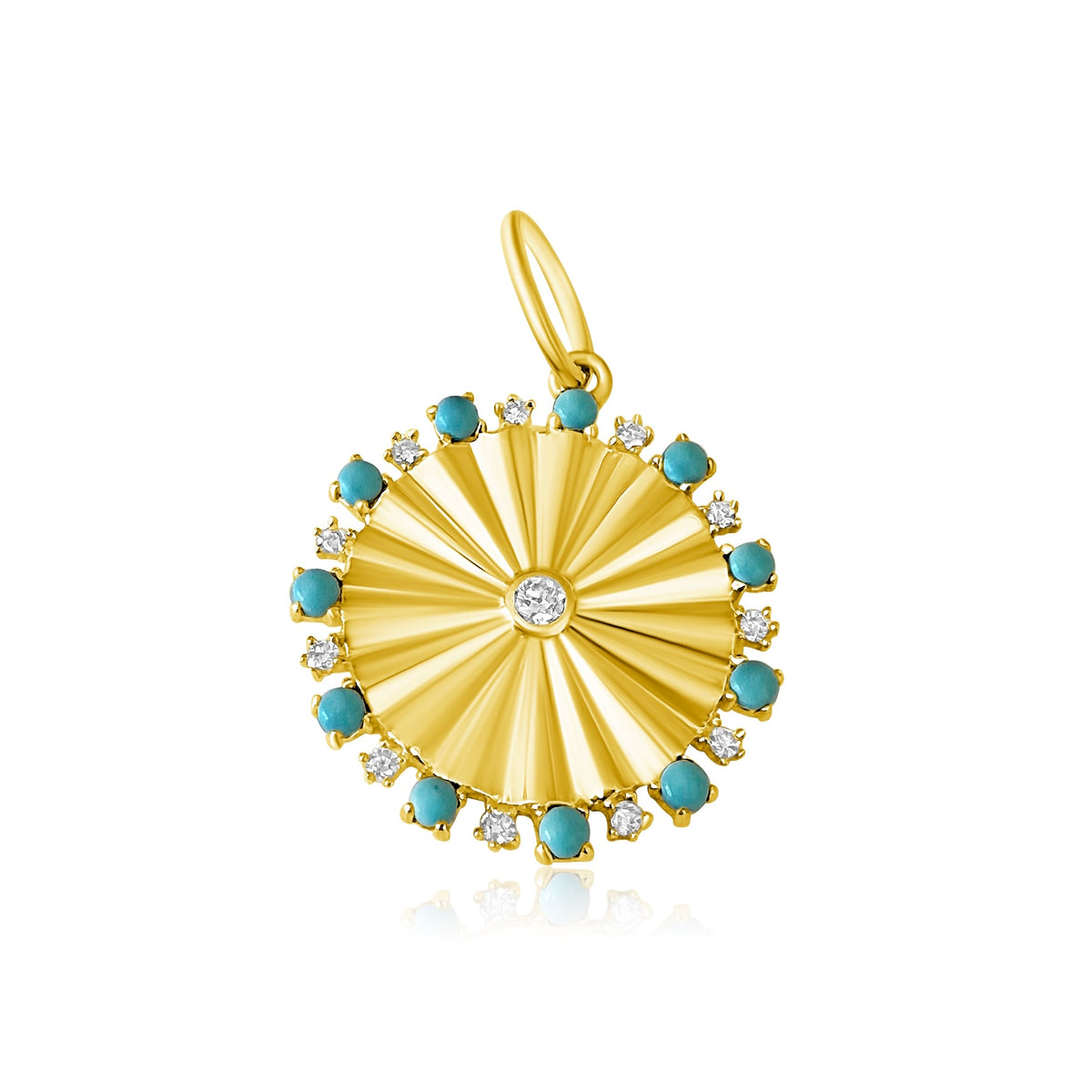 14KT Gold Diamond Turquoise Disk Pendant Charm