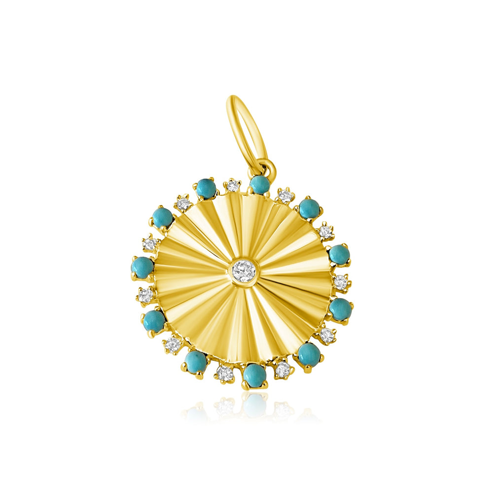 
                
                    Load image into Gallery viewer, 14KT Gold Diamond Turquoise Disk Pendant Charm
                
            