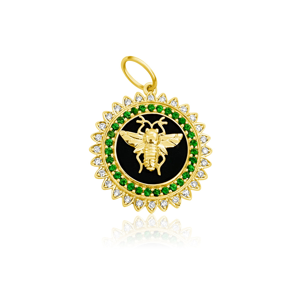 
                
                    Load image into Gallery viewer, 14KT Gold Diamond Emerald Bee Disk Pendant Charm
                
            
