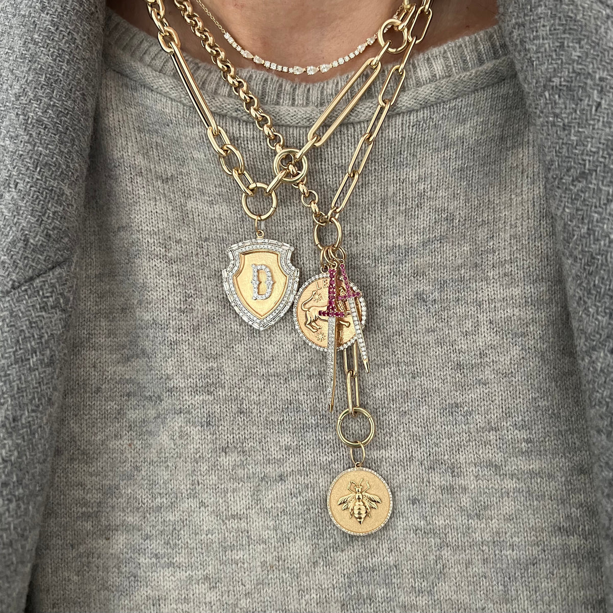 14KT Gold Pave and Baguette Diamond Bespoke Initial Shield Pendant Charm