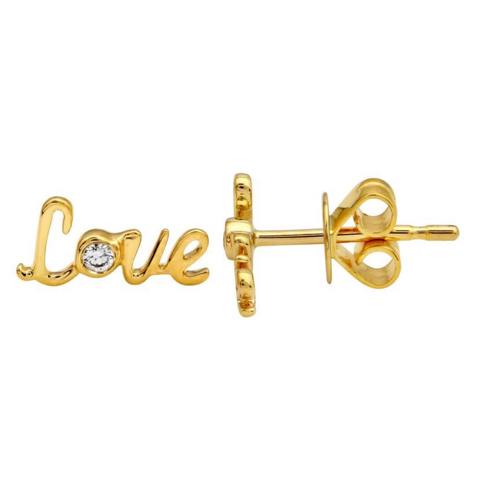 14KT Gold Diamond Tiny Script Love Stud Earrings