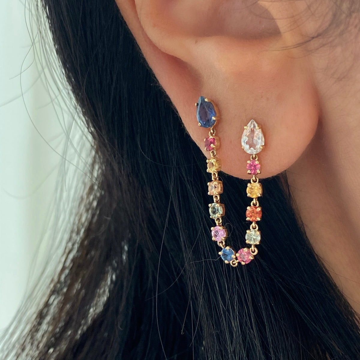 14KT Gold Sapphires Double Piercing Loop Earring