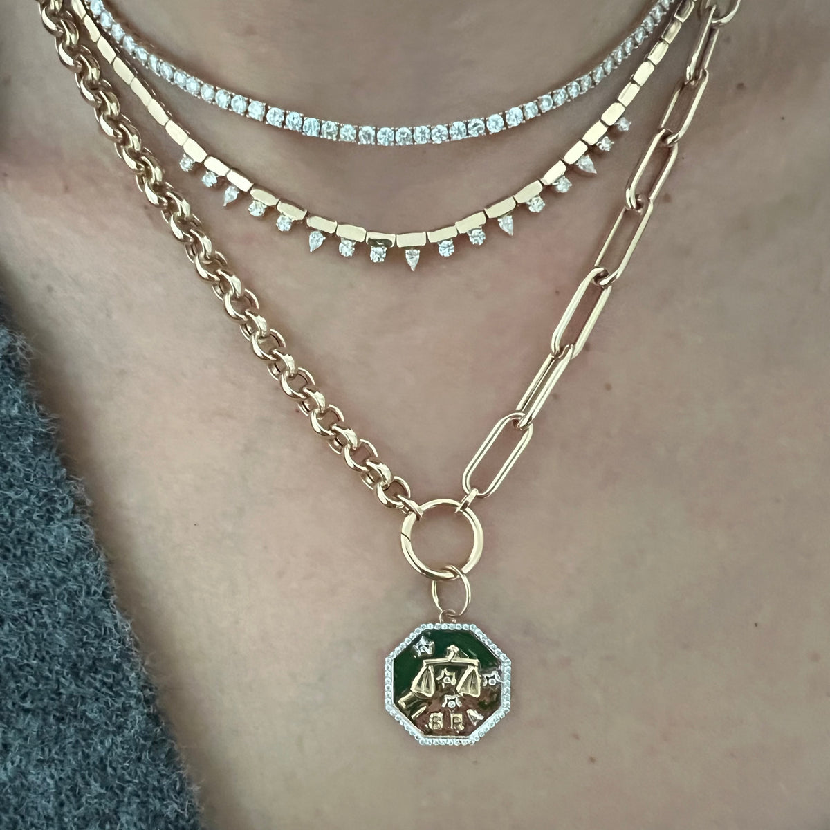 14KT Gold Diamond Octagon Disk Zodiac Charm Pendant