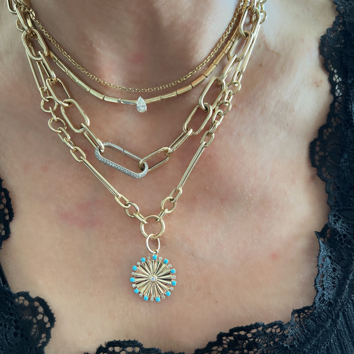 14KT Gold Diamond Turquoise Disk Pendant Charm