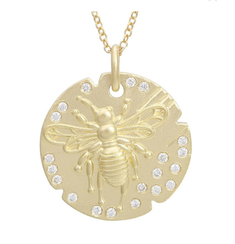 14KT Gold Diamond Coin Bee Necklace