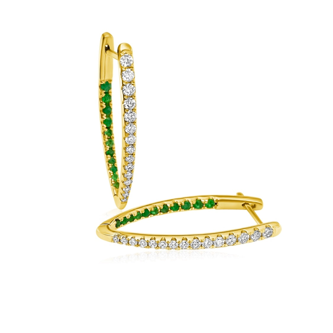 14KT Gold Diamond and Emerald Inside Out Hoop Earrings