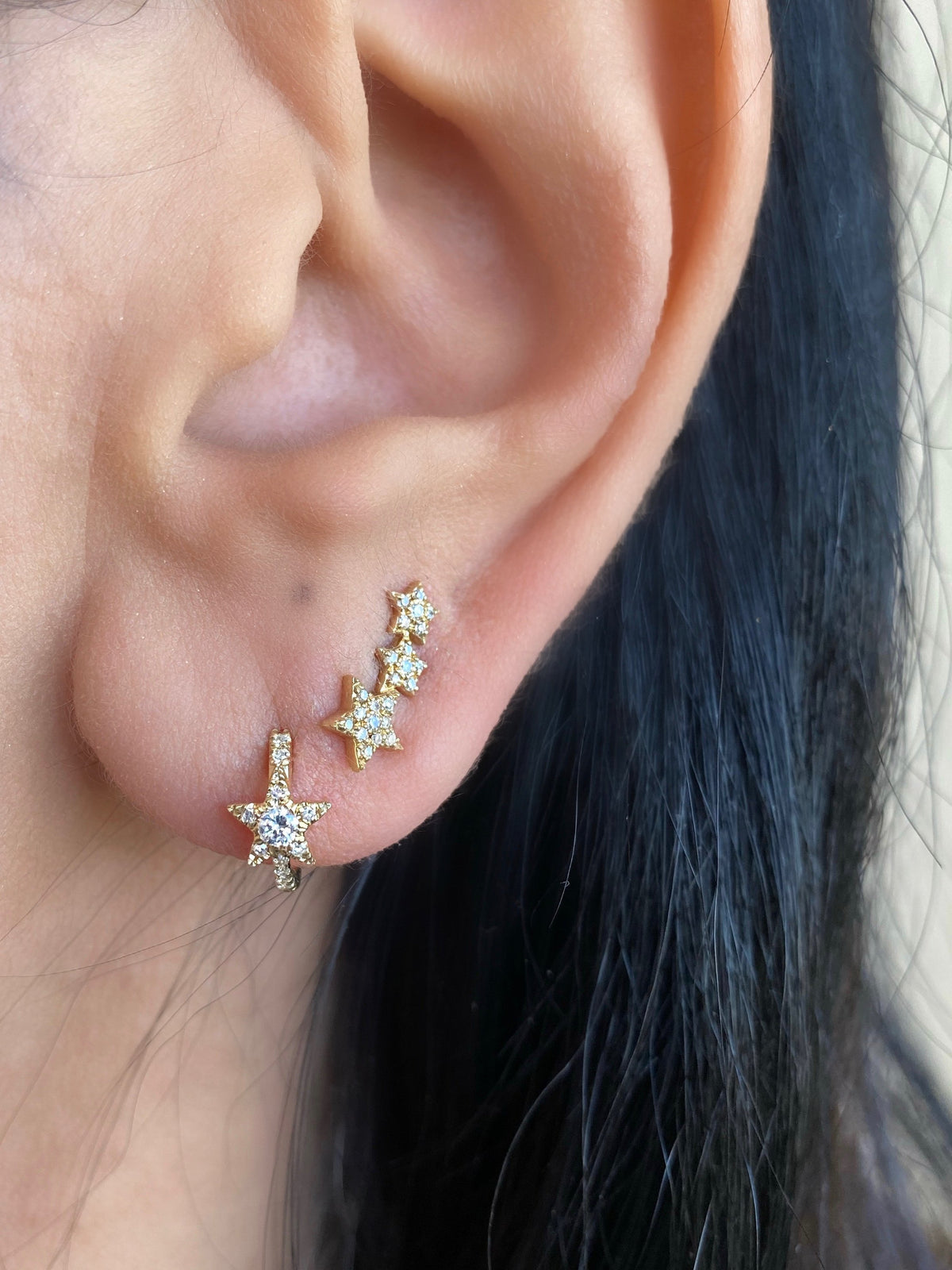 14KT Gold Diamond Triple Star Stud Earrings