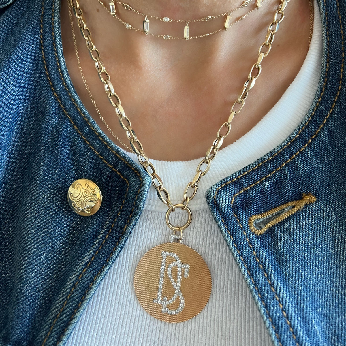 14KT Gold Diamond Bespoke Jumbo Initial Disk Luxe Pendant Charm