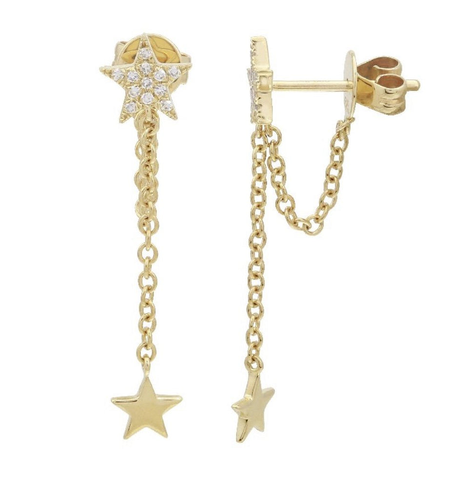 14KT Gold Diamond Star on Chain Earrings