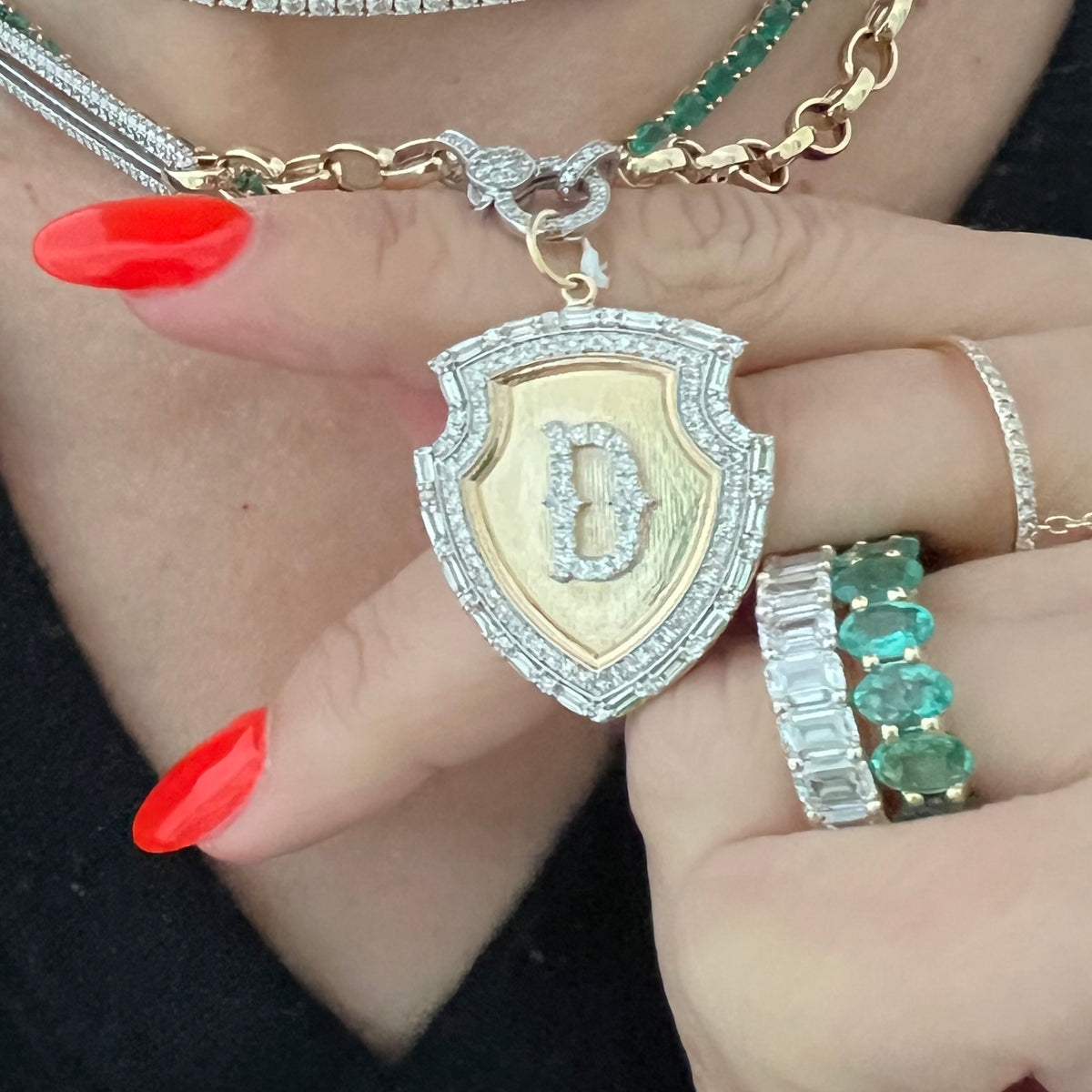 14KT Gold Pave and Baguette Diamond Bespoke Initial Shield Pendant Charm
