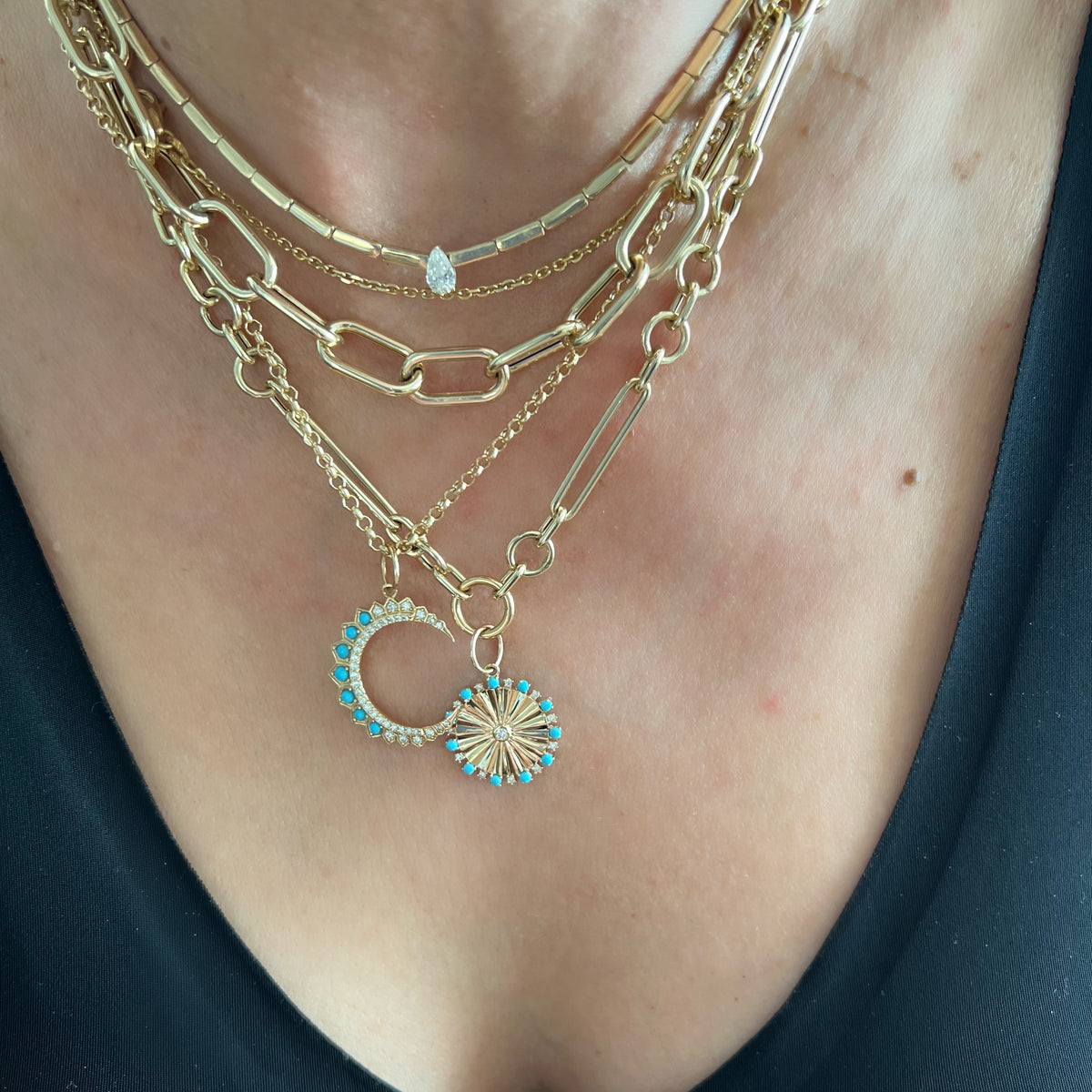 14KT Gold Diamond Turquoise Disk Pendant Charm