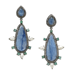 Blue Kyanite, Emerald, Pearl, Diamond Statement Earrings, SALE - DilaraSaatci