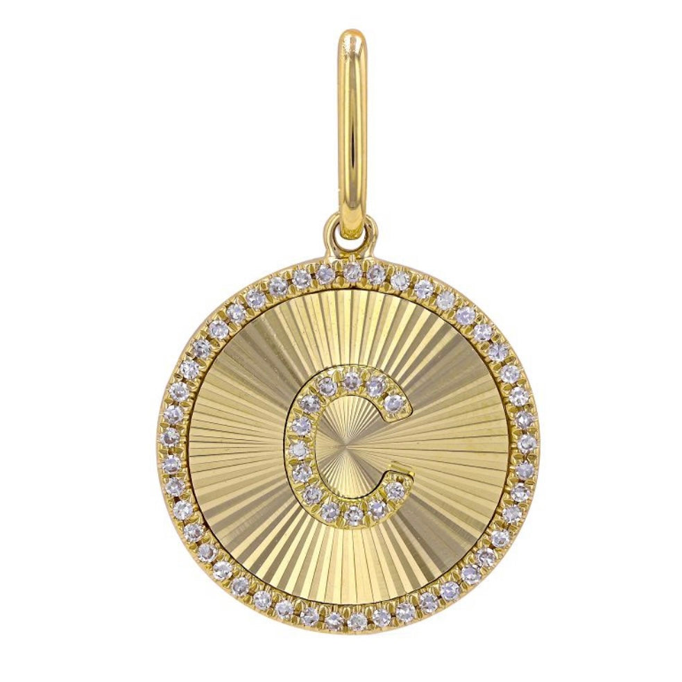 14KT Gold Diamond Small Disk Custom Initial Charm Pendant