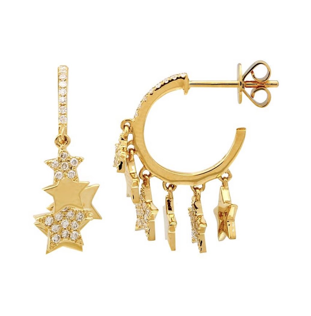 14KT Gold Diamond Multiple Star Huggie Earrings