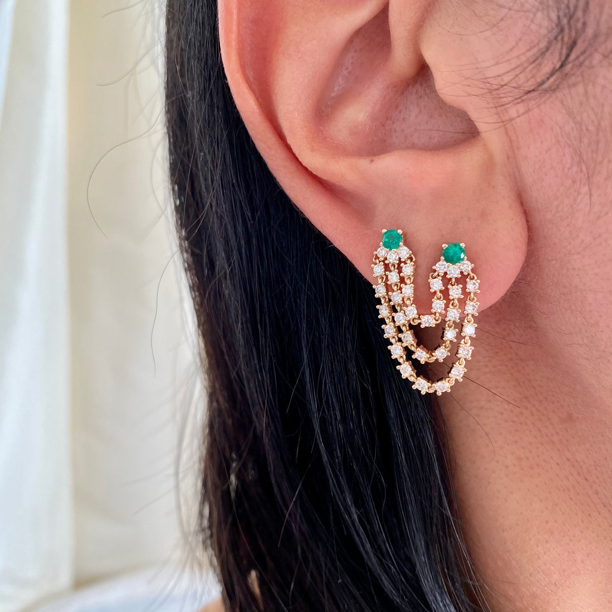 14KT Gold Diamond and Emerald Double Piercing Loop Earring