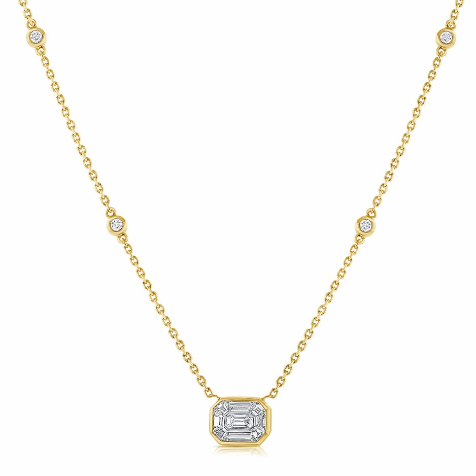 
                
                    Load image into Gallery viewer, 14KT Gold Diamond Illusion Emerald Cut Bezel Necklace
                
            