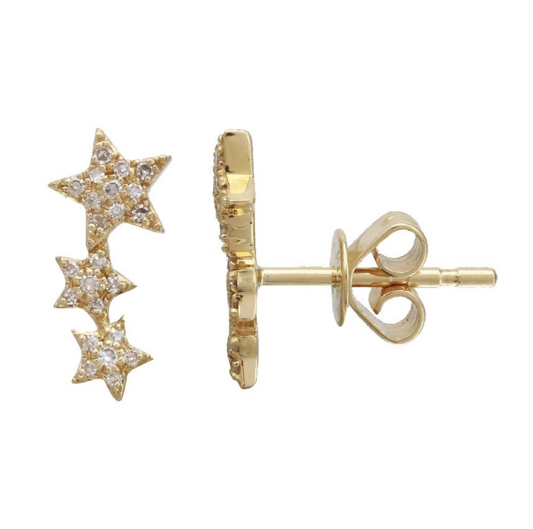 14KT Gold Diamond Triple Star Stud Earrings