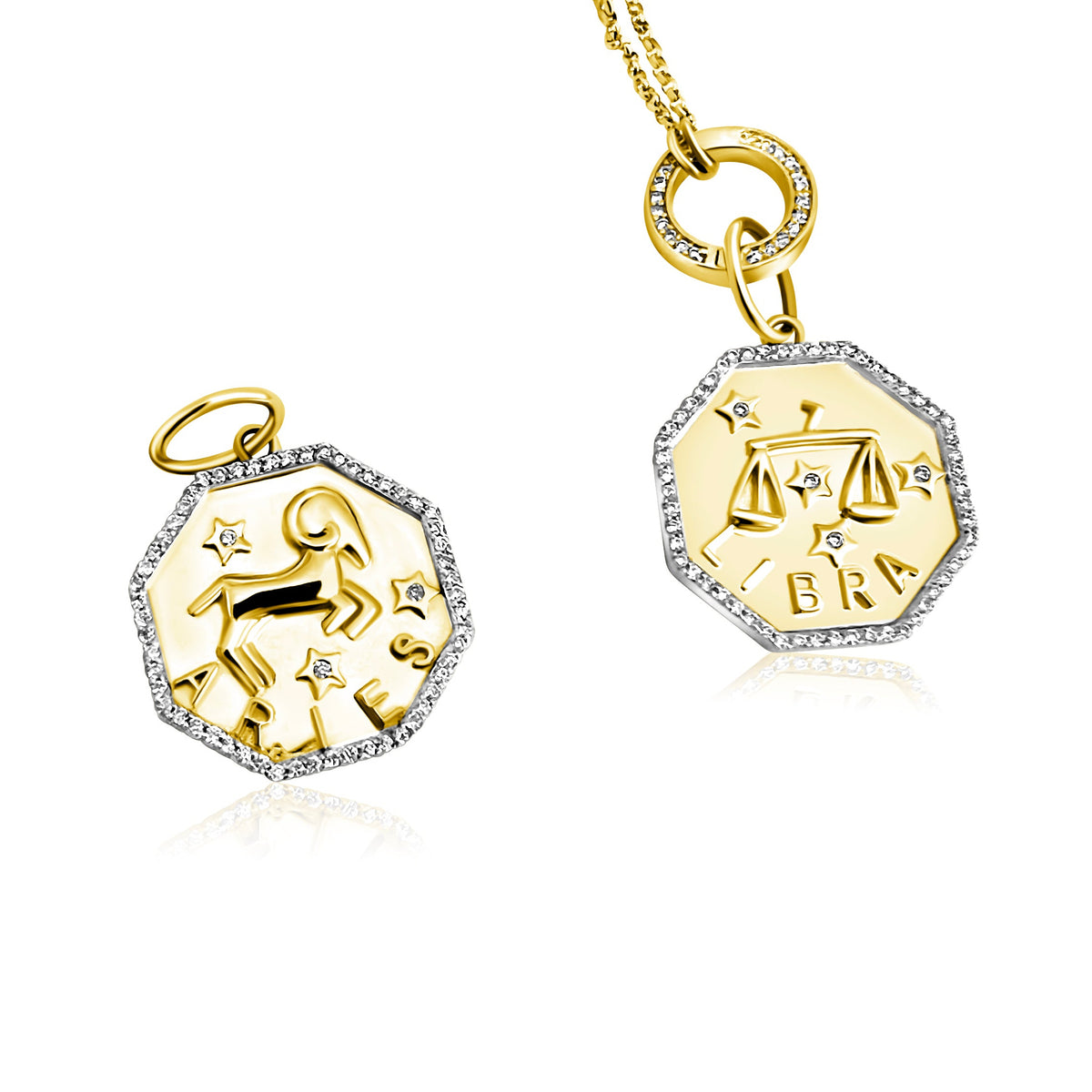 14KT Gold Diamond Octagon Disk Zodiac Charm Pendant