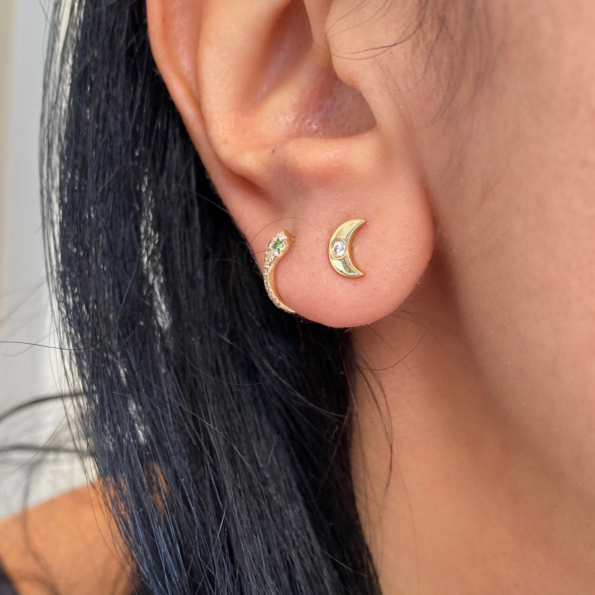 14KT Gold Diamond Mini Crescent Moon Stud Earrings