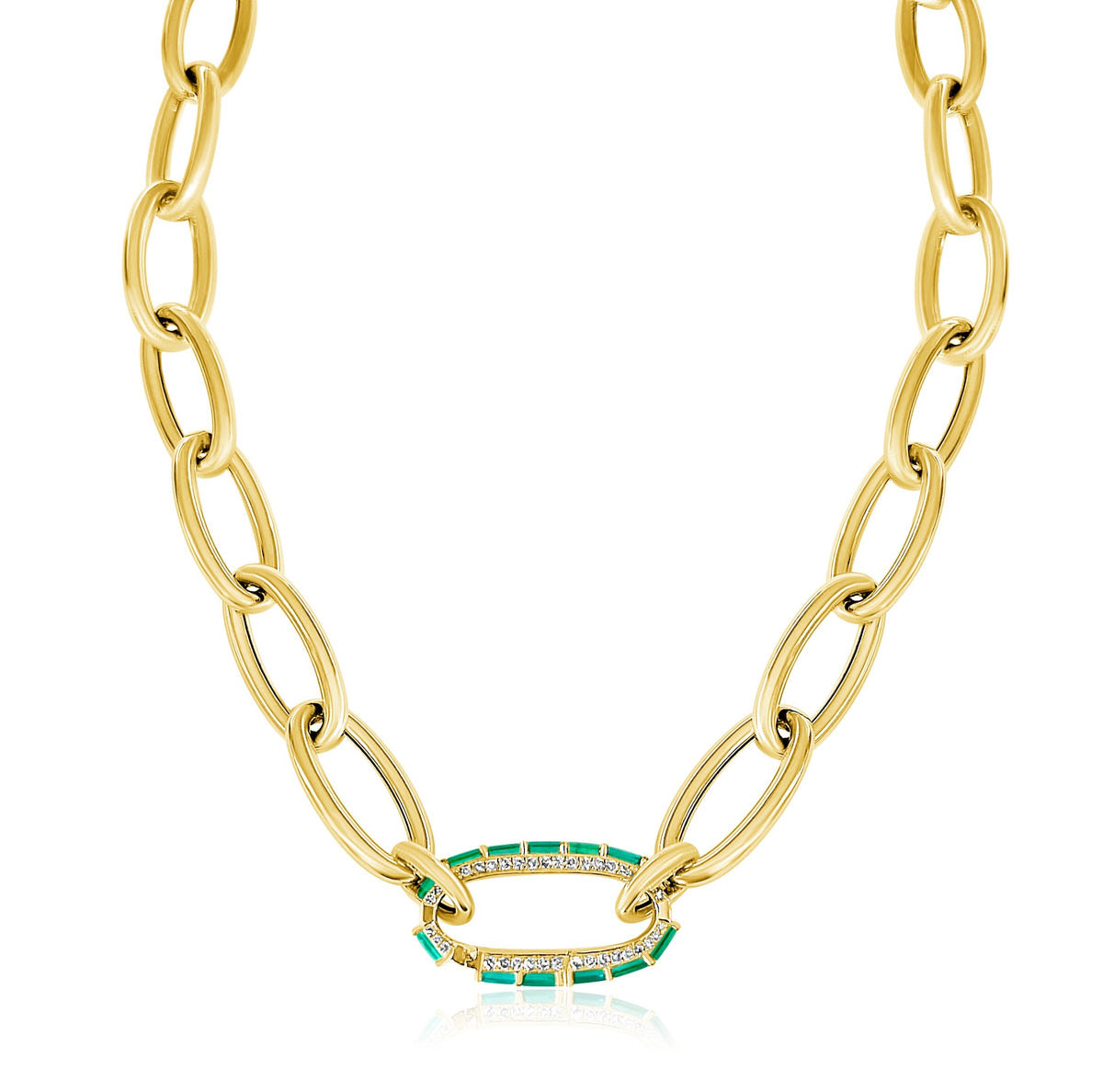 14KT Gold Leila Jumbo Oval Link Chain with Emerald and Diamond Necklace
