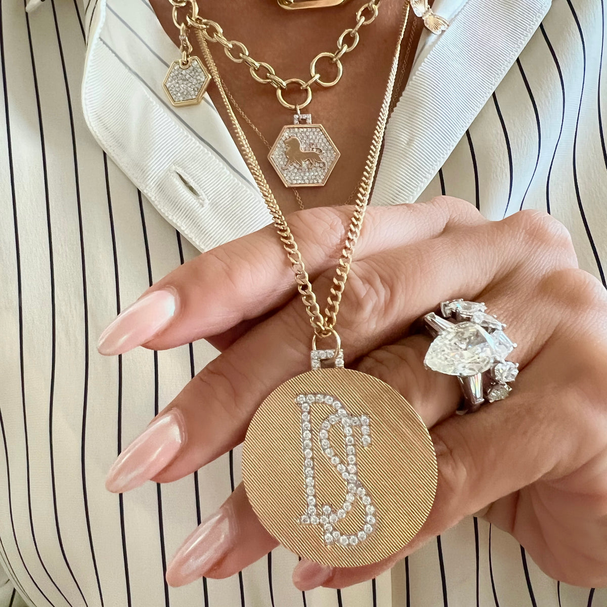 14KT Gold Diamond Bespoke Jumbo Initial Disk Luxe Pendant Charm