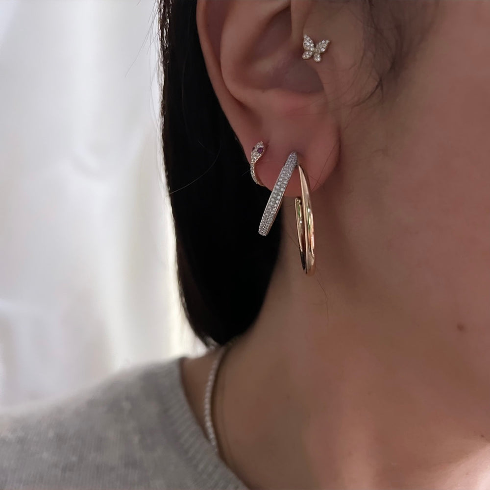 14KT Gold Diamond Double Line Open Hoop Earrings